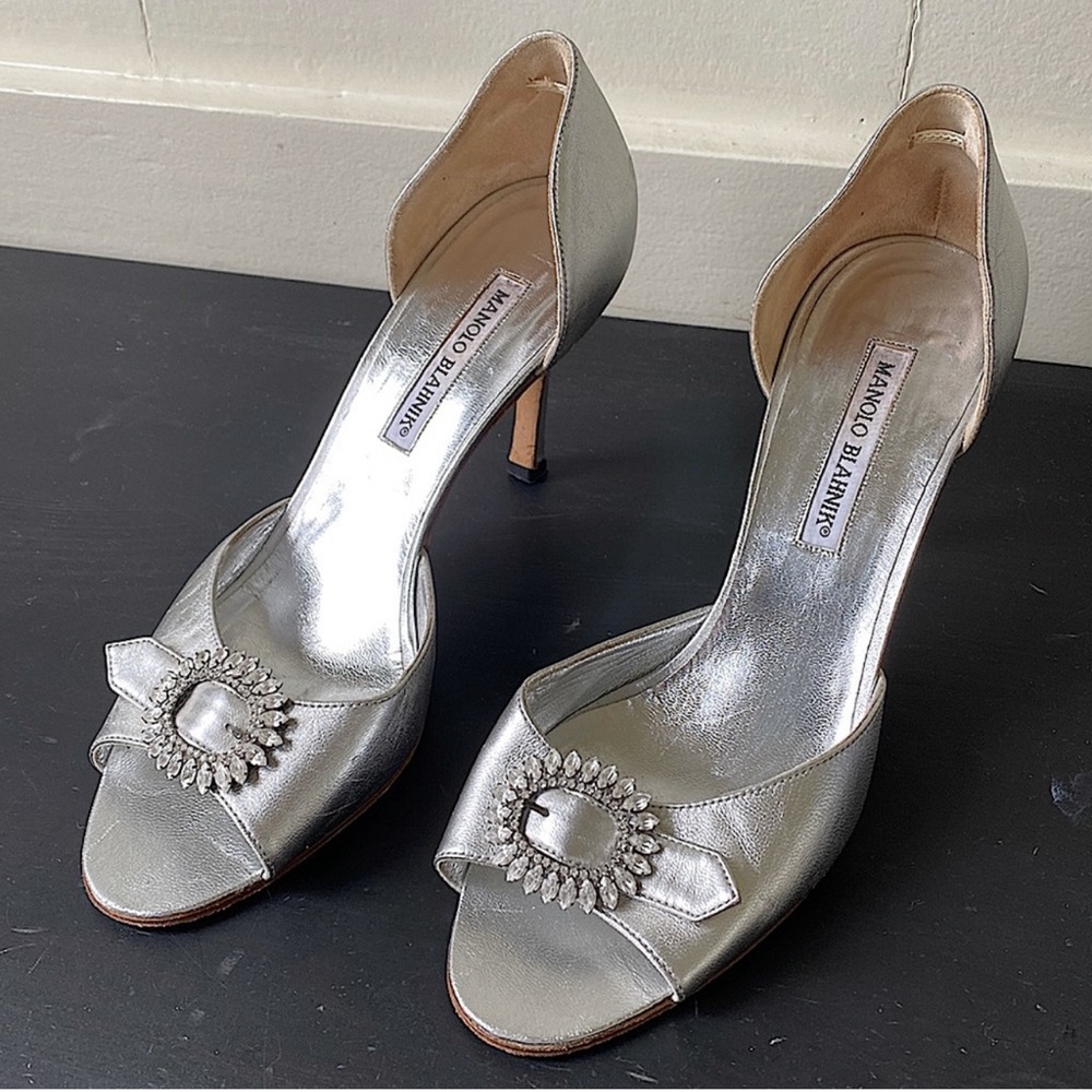 Manolo Blahnik Silver D'Orsay with Open Toe and Crystal
Embellishments